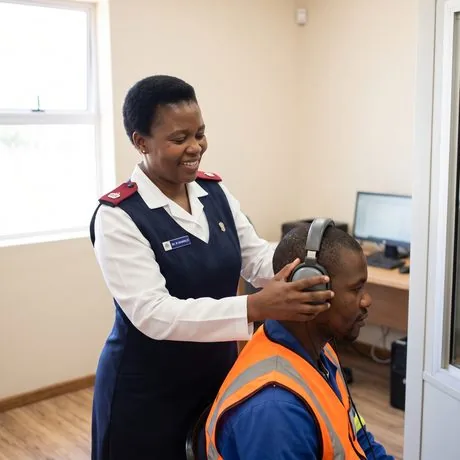 A nurse fitting audiometric headphones for a hearing test