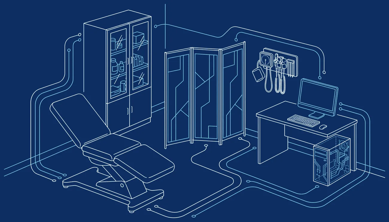 An onsite occupational health clinic drawn as a cutaway line diagram