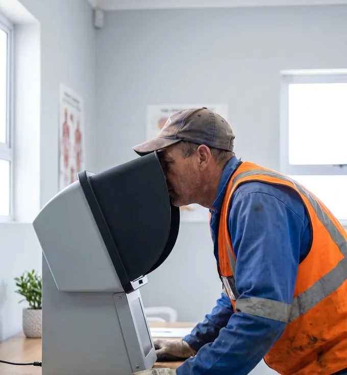 A worker at a benchtop vision-screening instrument