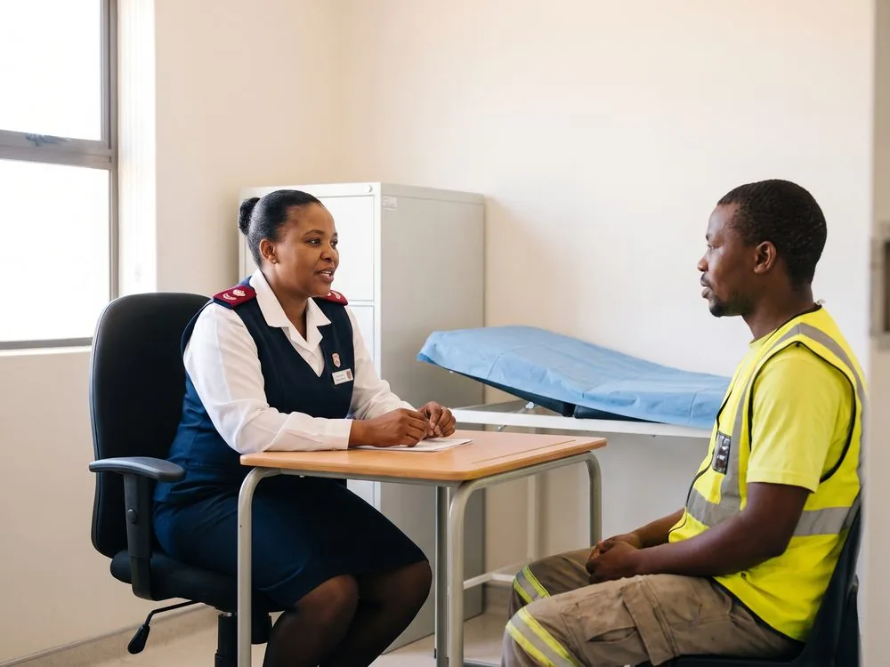 An occupational health nurse in consultation with a worker at an onsite clinic