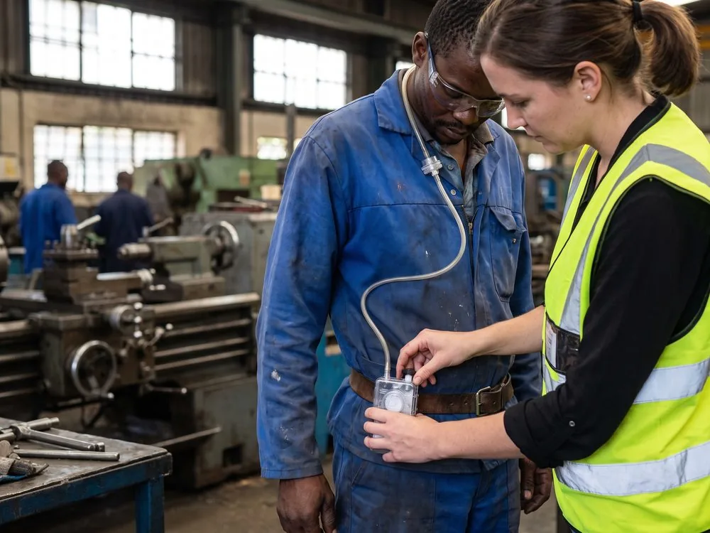A personal air-sampling pump being fitted to a worker in a machine shop
