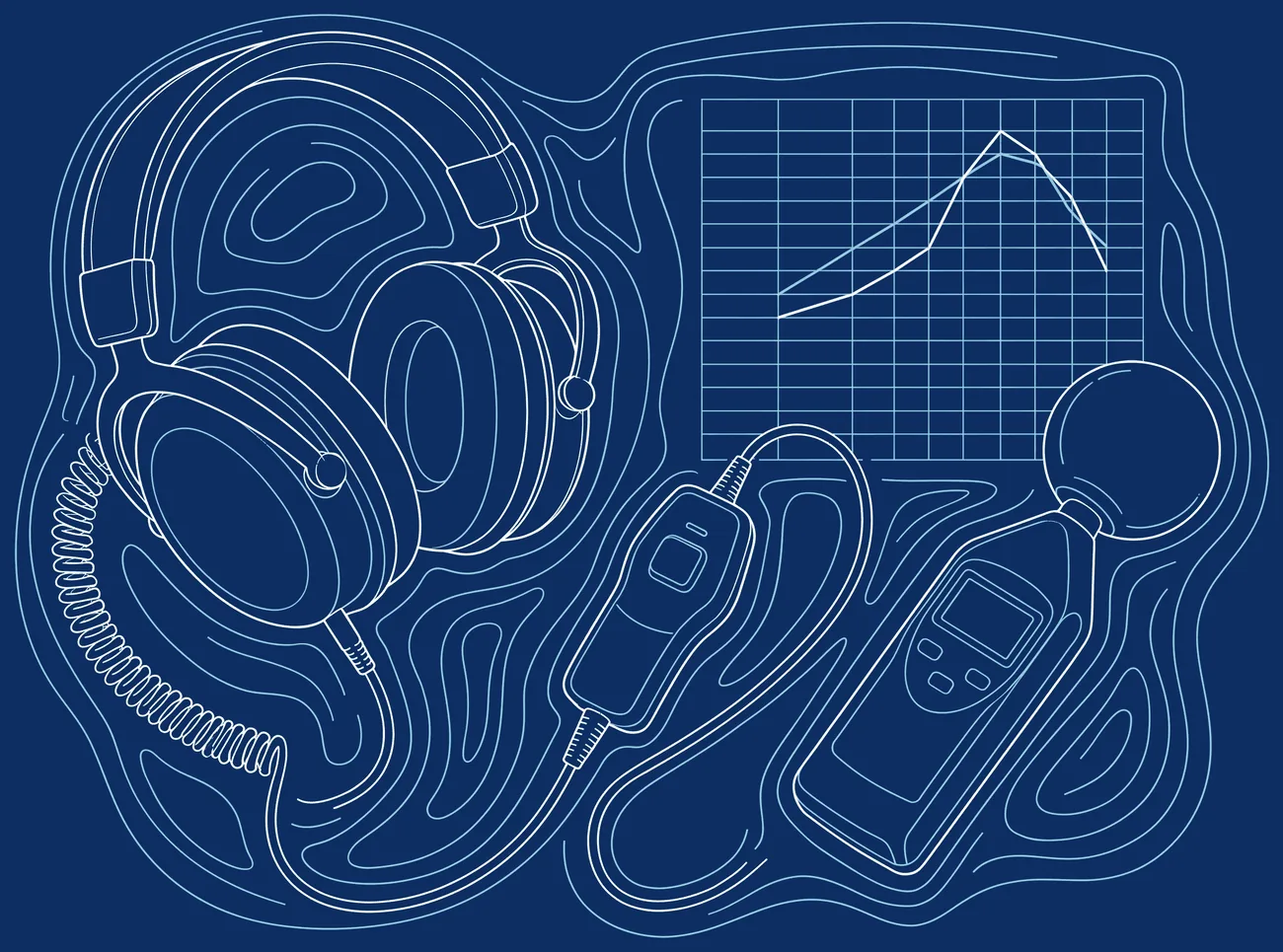 Audiometric testing equipment and an audiogram drawn as line diagrams