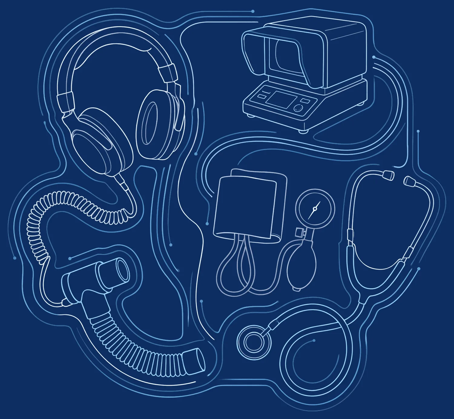 Occupational health screening equipment rendered as connected line drawings