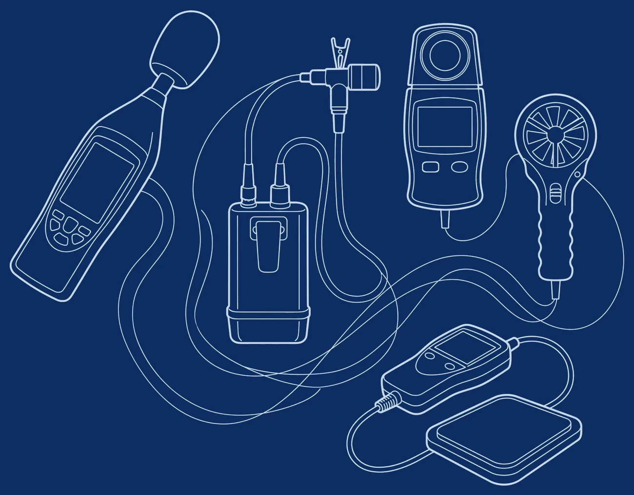 Occupational hygiene measuring instruments drawn as connected line diagrams