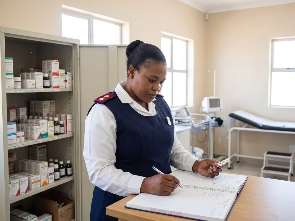 A nurse dispensing medication against the clinic stock register