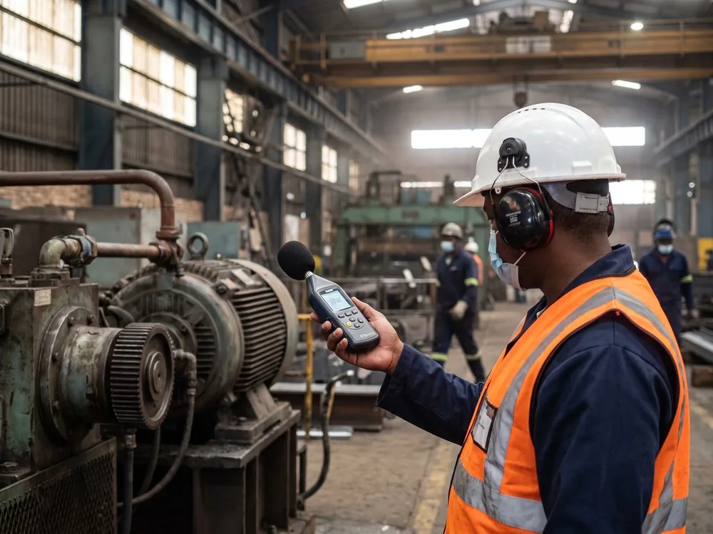 An occupational hygienist taking a noise reading beside running plant machinery