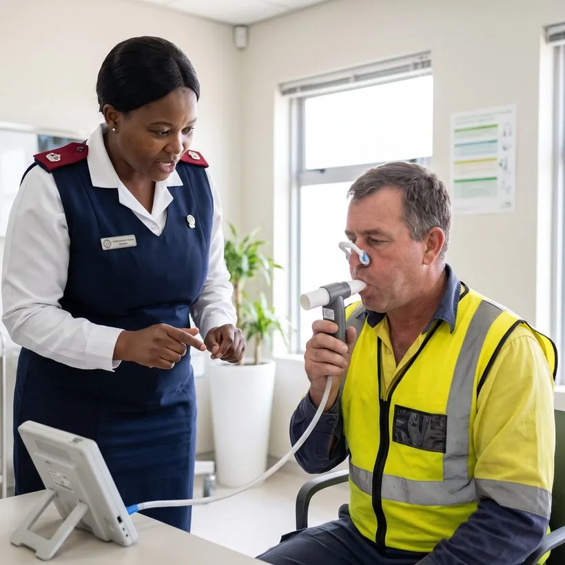 An occupational health nurse guiding a worker through a lung-function test